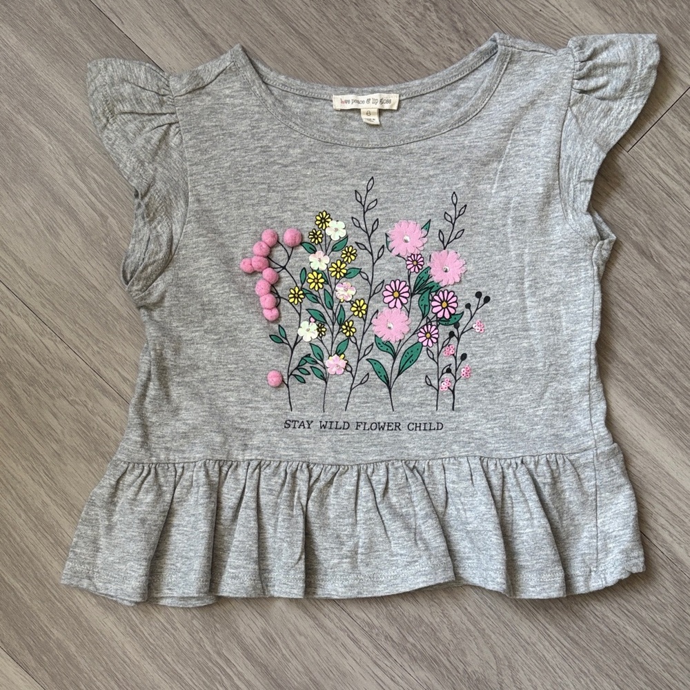 Gray Floral Kids Tee with Ruffle Sleeves